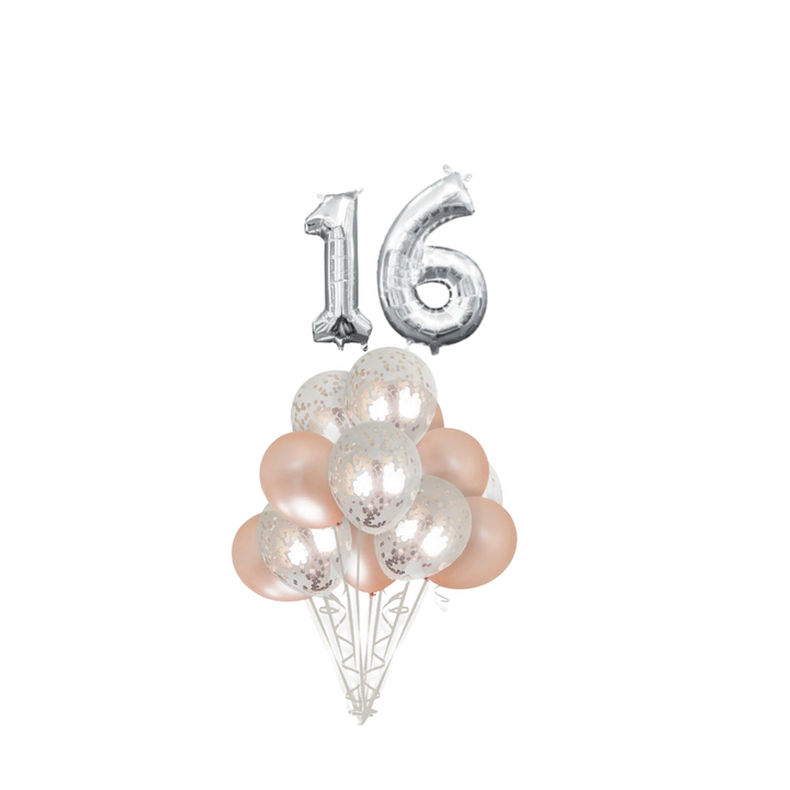 Rose Gold Confetti Latex Balloon with Silver number 16 Bouquet, 14pc