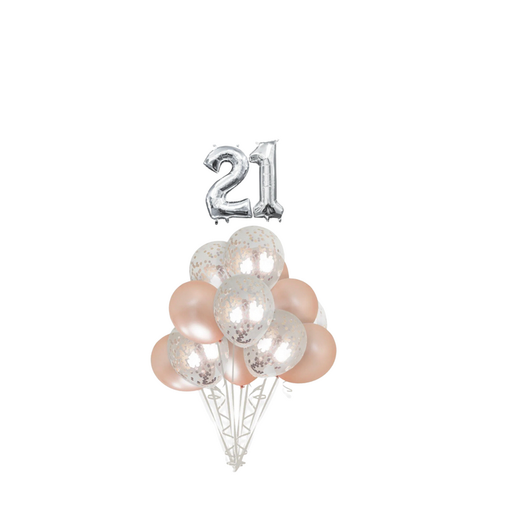 Rose Gold Confetti Latex Balloon with Silver number 21 Bouquet, 14pc