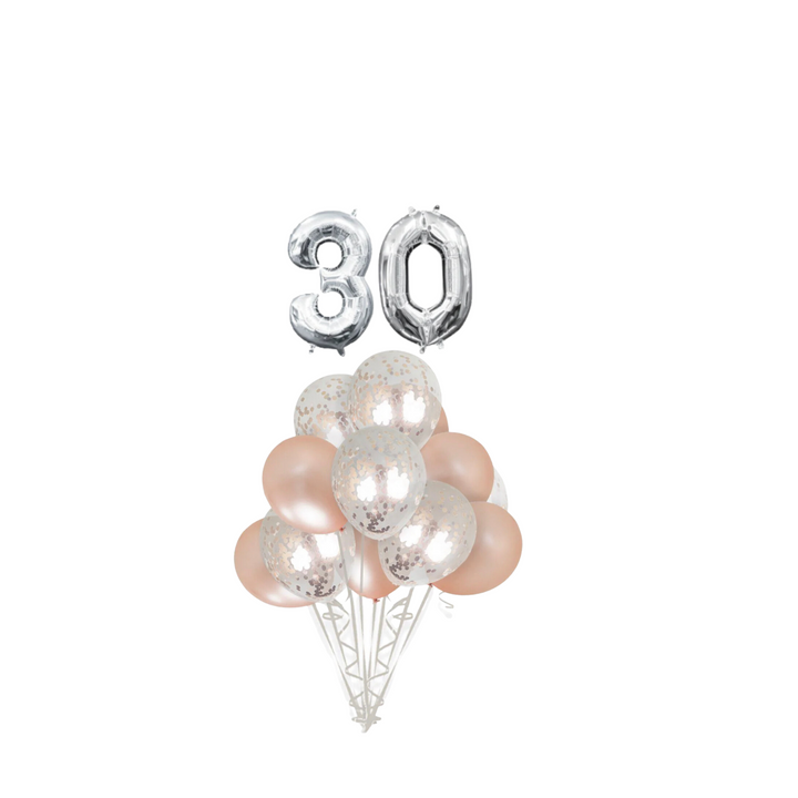 Rose Gold Confetti Latex Balloon with Silver number 30 Bouquet, 14pc