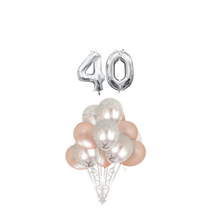 Rose Gold Confetti Latex Balloon with Silver number 40 Bouquet, 14pc