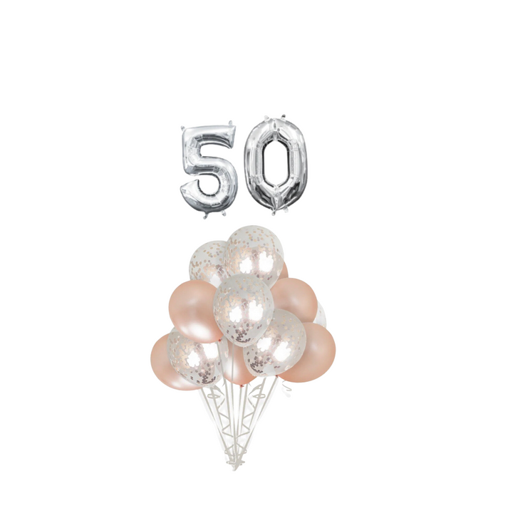 Rose Gold Confetti Latex Balloon with Silver number 50 Bouquet, 14pc