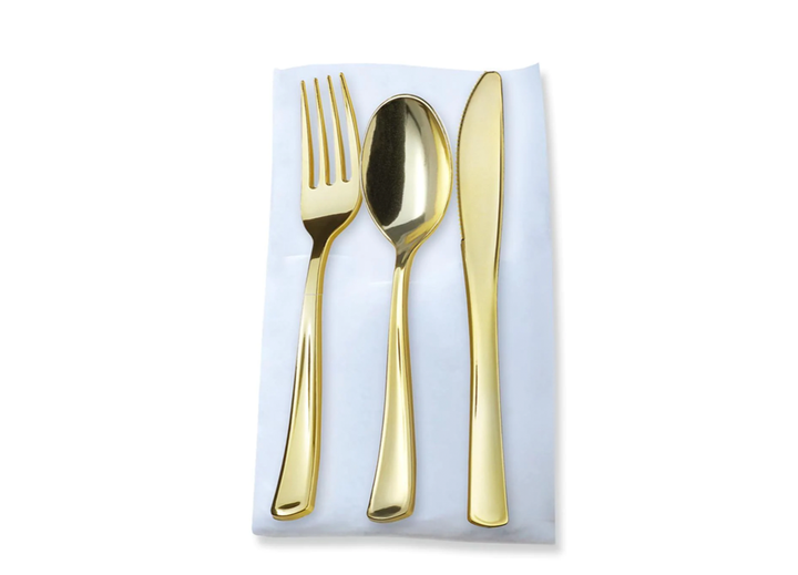 Gold Plastic Cutlery inside of White Pocket Napkin, 50count